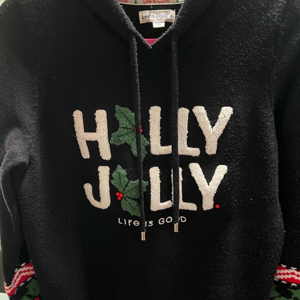 Life Is Good Festive Black Hoodie with Green and Red Accents #209